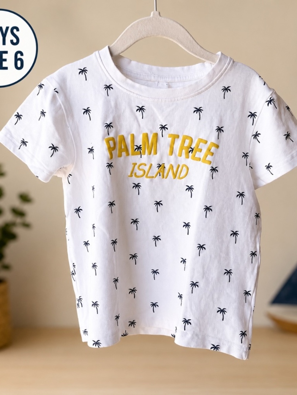 Palm Tree Island Boys T-Shirt White Navy Print Size 6